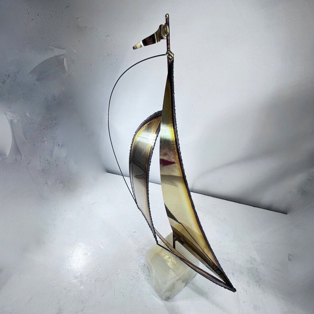 Vtg MCM Mario Jason Handmade Brass Sailboat Sculpture Marble Quartz Base Signed - Picture 4 of 9